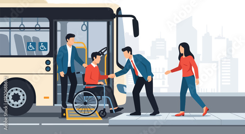 Modern vector illustration of accessible public bus boarding with wheelchair user entering via ramp and commuters waiting in flat solid color style for inclusive mobility concept