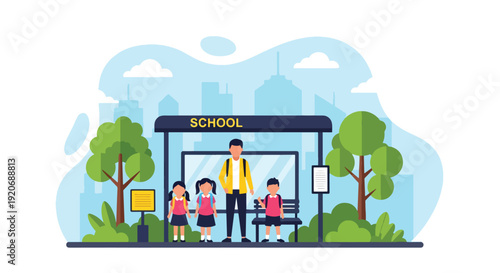 Modern vector illustration of school bus stop in neighborhood with children and guardian waiting near crosswalk sign in flat solid color style for community transport safety concept