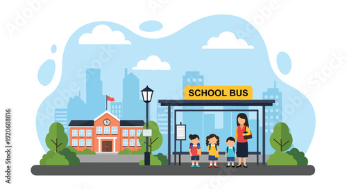 Modern vector illustration of school bus stop in neighborhood with children and guardian waiting near crosswalk sign in flat solid color style for community transport safety concept