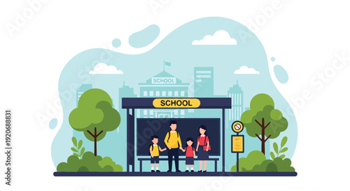 Modern vector illustration of school bus stop in neighborhood with children and guardian waiting near crosswalk sign in flat solid color style for community transport safety concept