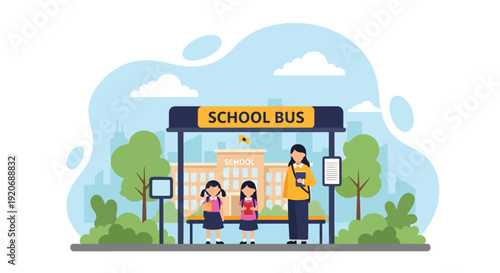 Modern vector illustration of school bus stop in neighborhood with children and guardian waiting near crosswalk sign in flat solid color style for community transport safety concept