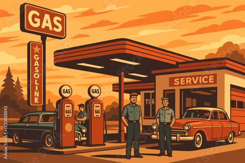 Gas station scene with vintage cars and service workers during sunset in a classic American setting