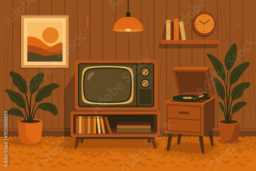 Retro living room scene with television, record player, plants, and warm colors during the day
