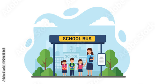 Modern vector illustration of school bus stop in neighborhood with children and guardian waiting near crosswalk sign in flat solid color style for community transport safety concept