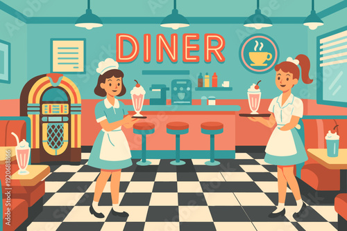 Women serve drinks in a retro diner with a jukebox in the background during the afternoon shift