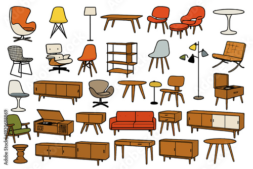 Furniture layout in a modern style with different chairs, tables, and lamps displayed in an indoor setting