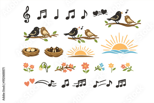 Birds singing and nests with flowers in a cheerful scene of nature during daytime