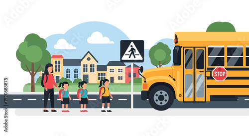 Modern vector illustration of school bus stop in neighborhood with children and guardian waiting near crosswalk sign in flat solid color style for community transport safety concept