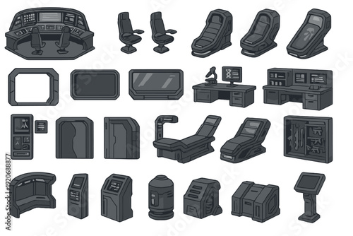 Different types of furniture and equipment found in a sci-fi setting or futuristic design