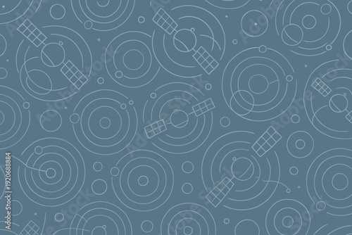 Pattern with satellite designs and circles on a blue background showing space and technology themes