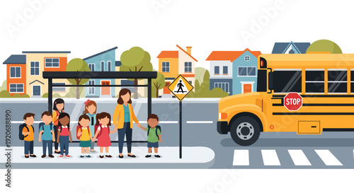 Modern vector illustration of school bus stop in neighborhood with children and guardian waiting near crosswalk sign in flat solid color style for community transport safety concept