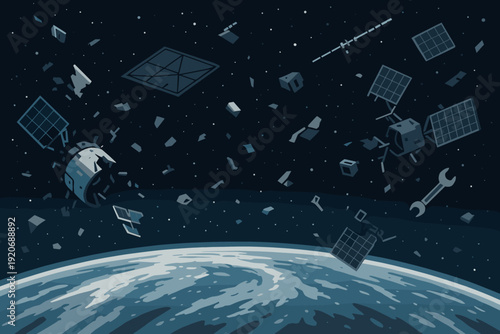 Objects float in space around Earth at night with satellites and debris drifting in the background of a dark sky