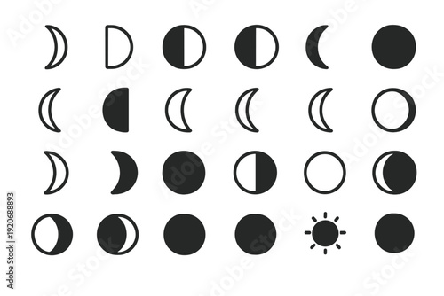 Different phases of the moon shown in a grid format with a sun in the bottom row, depicting lunar cycles and celestial changes in a simple layout