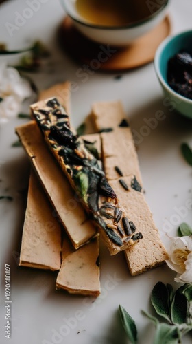 Organic crackers made with sunflower seeds and basil are arranged on a white wooden table, highlighting healthy eating habits