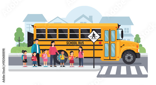 Modern vector illustration of school bus stop in neighborhood with children and guardian waiting near crosswalk sign in flat solid color style for community transport safety concept