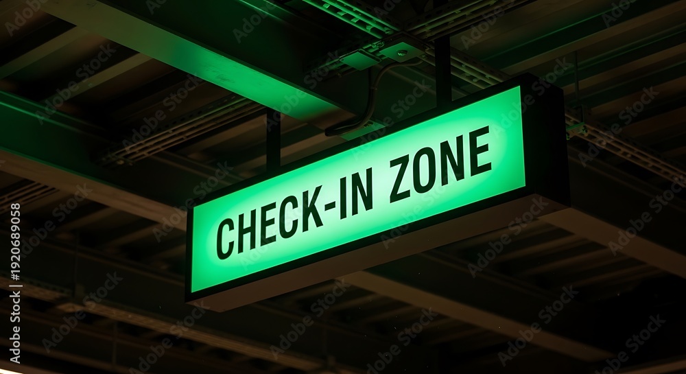 Obraz premium Green illuminated check-in zone sign hanging from ceiling green sign airport