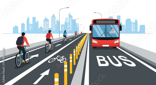 Modern vector illustration of city street with dedicated bike lane and bus lane, cyclists riding and bus passing in flat solid color style for sustainable urban transport planning concept