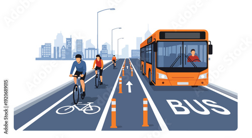 Modern vector illustration of city street with dedicated bike lane and bus lane, cyclists riding and bus passing in flat solid color style for sustainable urban transport planning concept