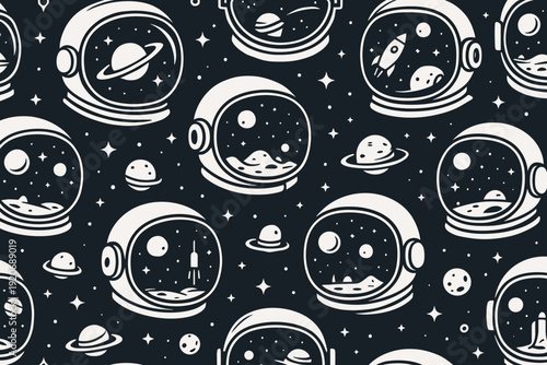 Space theme with astronaut helmets and planets on a dark background showing various celestial objects and space exploration