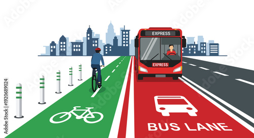 Modern vector illustration of city street with dedicated bike lane and bus lane, cyclists riding and bus passing in flat solid color style for sustainable urban transport planning concept