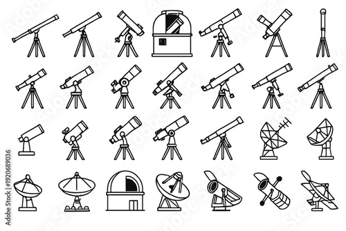 Different types of telescopes and astronomical equipment arranged in a grid pattern for easy viewing and comparison