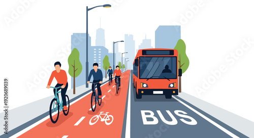 Modern vector illustration of city street with dedicated bike lane and bus lane, cyclists riding and bus passing in flat solid color style for sustainable urban transport planning concept
