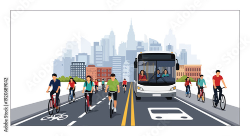 Modern vector illustration of city street with dedicated bike lane and bus lane, cyclists riding and bus passing in flat solid color style for sustainable urban transport planning concept