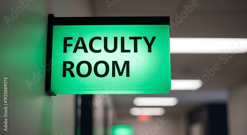 Green Illuminated Faculty Room Sign Mounted on a Wall in a Corridor faculty room, sign, green, illuminated