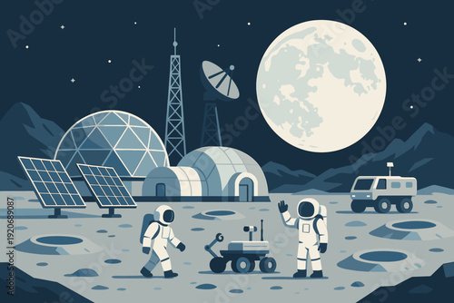 Astronauts work on the moon with a robotic rover and explore new technology in a lunar base at night