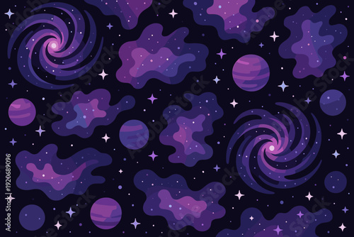 Colorful space scene with galaxies, planets, and clouds in deep purple hues on a dark background