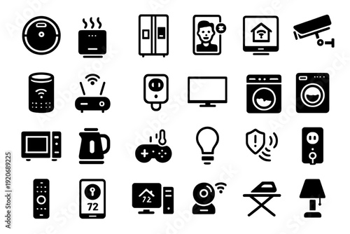 Icons representing smart home devices and appliances for everyday use in modern living spaces