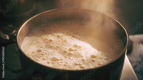 Ultra HD Fresh White Milk Boiling in Metal Pot with Steam and Bubbles Video