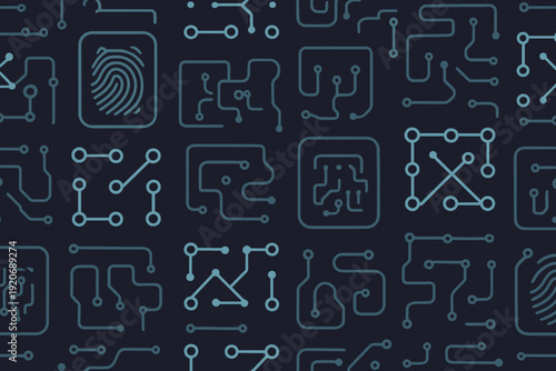 Modern technology patterns with circuits and fingerprint designs on a dark background showing connections and digital elements