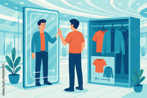 Person uses smart mirror in shopping mall to view clothes on display and make choices while trying on outfits
