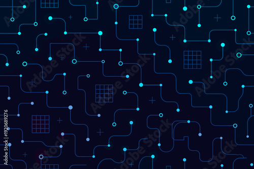 Lines and nodes create a digital network design with blue colors in a dark background showing connections and patterns