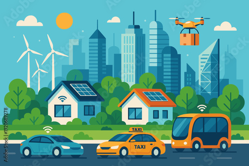 Modern city scene with electric cars, taxis, a bus, and a drone in the skyline during daytime