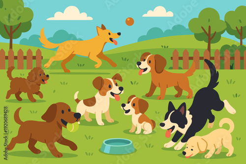 Dogs play in a park on a sunny day with green grass, trees, and a fence around the area as they chase balls and each other