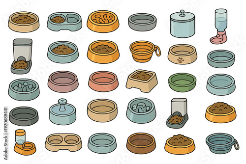 Different types of pet food bowls and feeders in various shapes and colors for feeding pets at home or in shelters