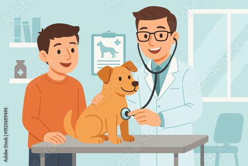 Vet checks a dog while a boy looks on in a clinic setting with simple tools and calm atmosphere during the daytime