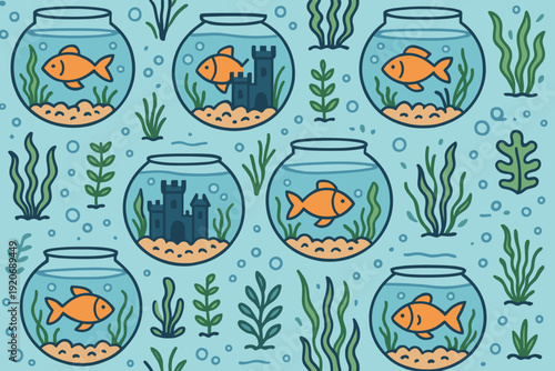 Colorful fish swim in round bowls with plants and a castle design in a playful underwater scene