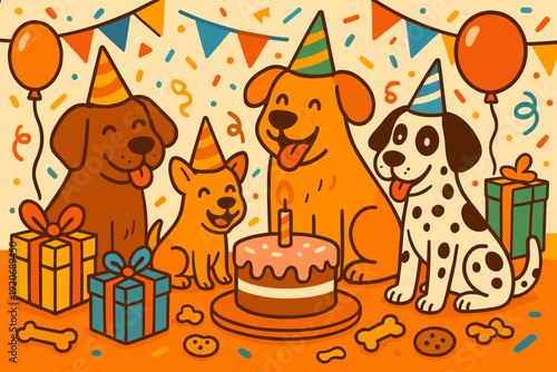 Happy dogs celebrate with cake and presents at a fun birthday party on a colorful background