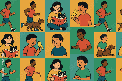 Children play with pets and enjoy reading in different activities across vibrant backgrounds
