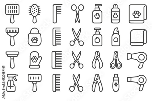 Tools for pet grooming laid out in a neat pattern for a grooming session in a pet salon