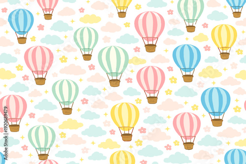 Colorful hot air balloons float on a light background with clouds and flowers in a cheerful pattern