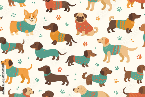 Cute dogs wearing sweaters in a fun pattern design for fabric or wallpaper