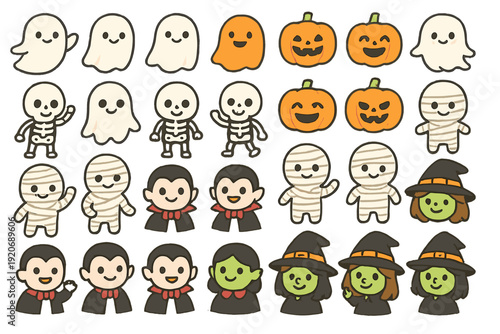 Halloween characters and symbols shown in cartoon style featuring ghosts, skeletons, pumpkins, mummies, vampires, and witches