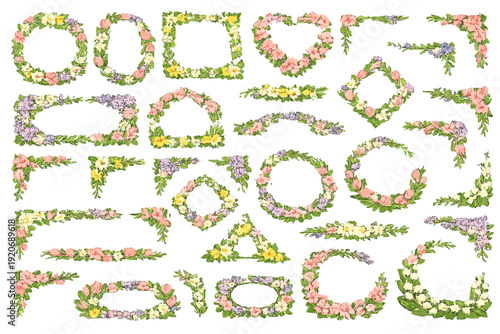 Various floral frames in different shapes and sizes arranged on a white background for design projects and creative crafts