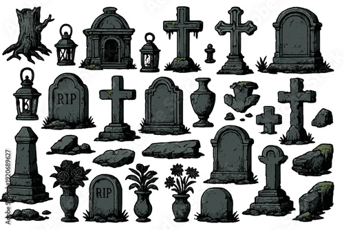 Various types of grave markers, tombstones, and cemetery objects for Halloween or spooky themes