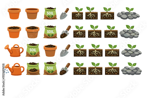 Steps to plant seeds in pots using soil, watering can, and tools shown in a diagram