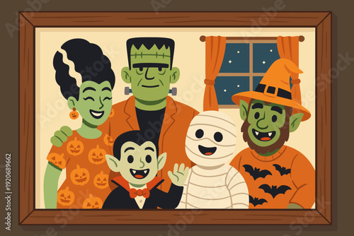 Group of costumed characters posing for a picture in a room with Halloween decorations and a window showing night time